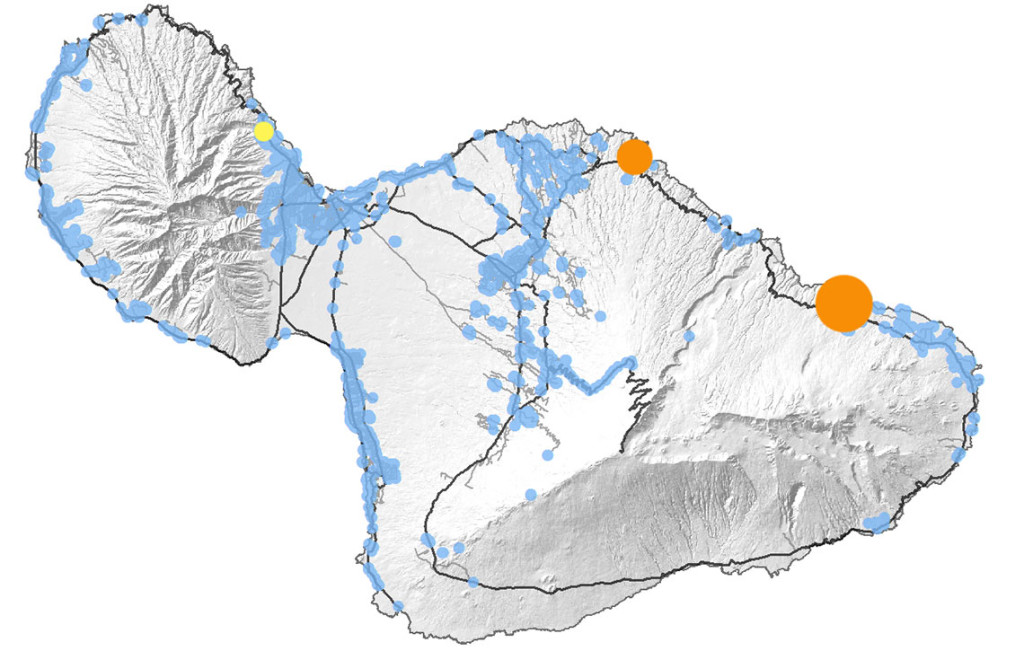 This map shows the current, known little fire ant infestation & surveys as of July 2014. Orange represents active infestations under control, yellow is historic infestations under regular monitoring, and blue shows areas surveyed for lfa.